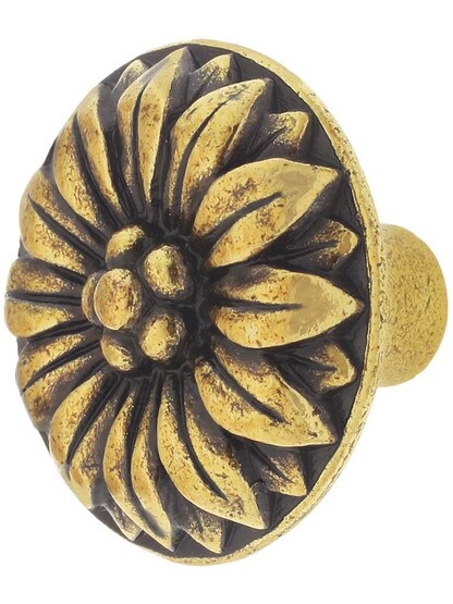 Small Flower Cabinet Knob In Antique Brass Light